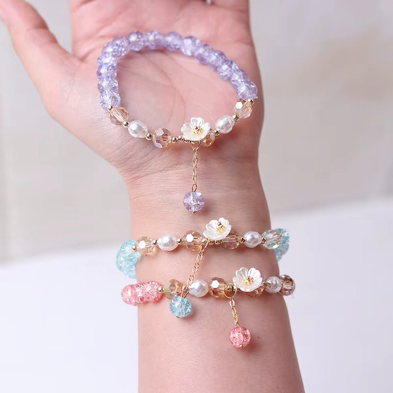 Korean Fashion Cute Shell Flower Beaded Bracelet for Women Colorful Crystal Charm Bracelets Bridal Wedding Jewelry Travel Gifts