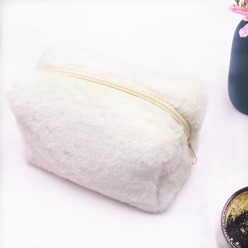 Makeup Bag Cute Cosmetic Bag Plush Pink White Makeup Pouch Travel Toiletry Bag Organizer Puffy Storage Bag for Women