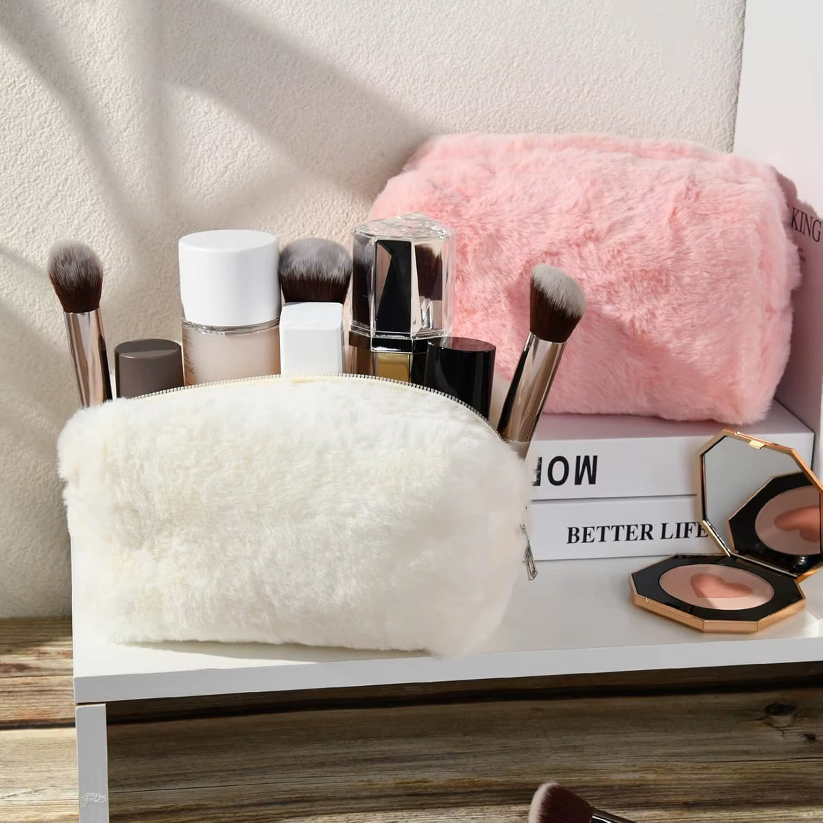 Makeup Bag Cute Cosmetic Bag Plush Pink White Makeup Pouch Travel Toiletry Bag Organizer Puffy Storage Bag for Women