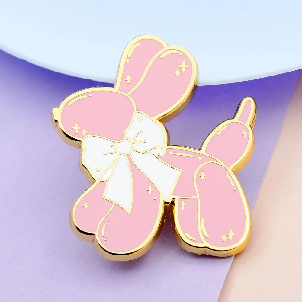 Pink Balloon Dog with Bow Enamel Pin Cute Puppy Clipart Preppy Girly Aesthetic Pastel Jewelry Hot Girl Gift Accessories