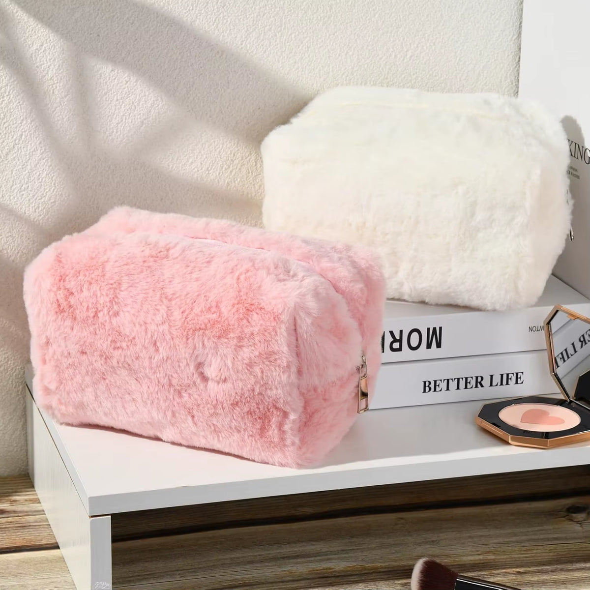 Makeup Bag Cute Cosmetic Bag Plush Pink White Makeup Pouch Travel Toiletry Bag Organizer Puffy Storage Bag for Women