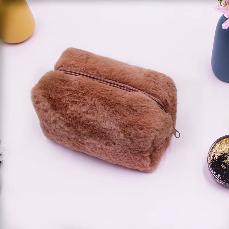 Makeup Bag Cute Cosmetic Bag Plush Pink White Makeup Pouch Travel Toiletry Bag Organizer Puffy Storage Bag for Women