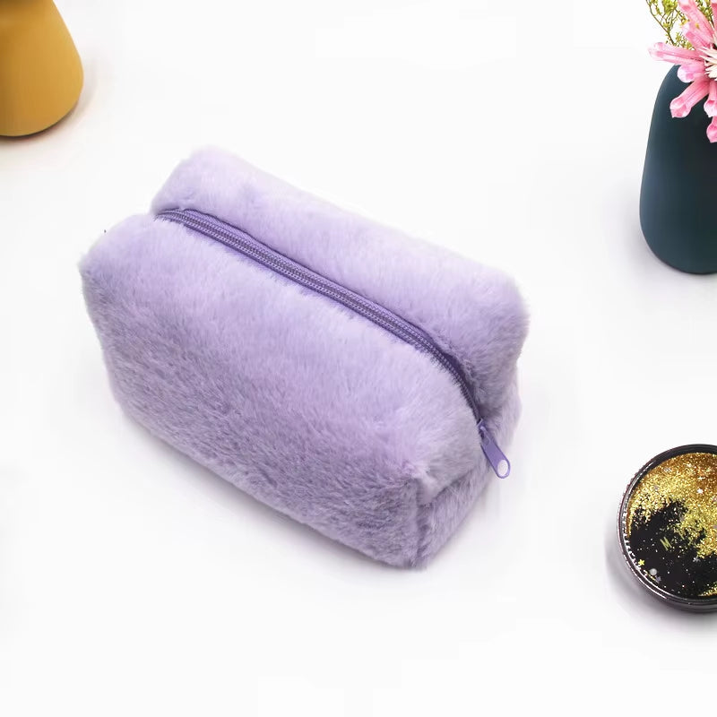 Makeup Bag Cute Cosmetic Bag Plush Pink White Makeup Pouch Travel Toiletry Bag Organizer Puffy Storage Bag for Women